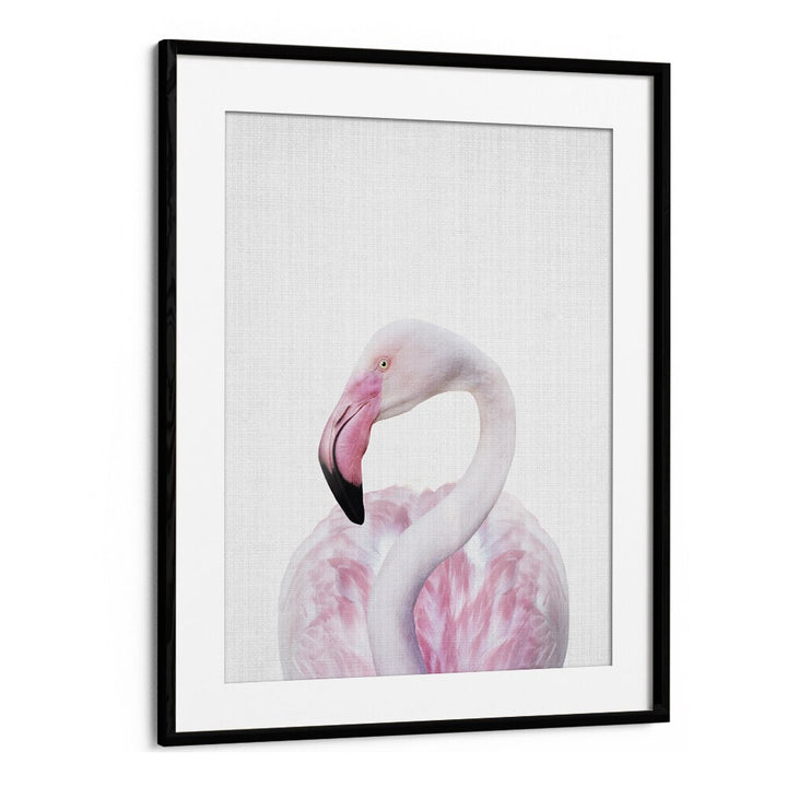 Peekaboo Flamingo By Lola Peacock Kids Room Paintings in Black Frame With Mount