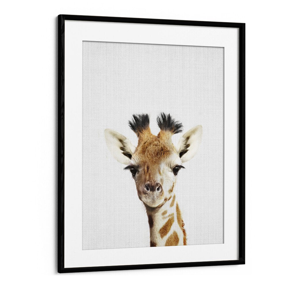 Peekaboo Giraffe By Lola Peacock Kids Room Paintings in Black Frame With Mount