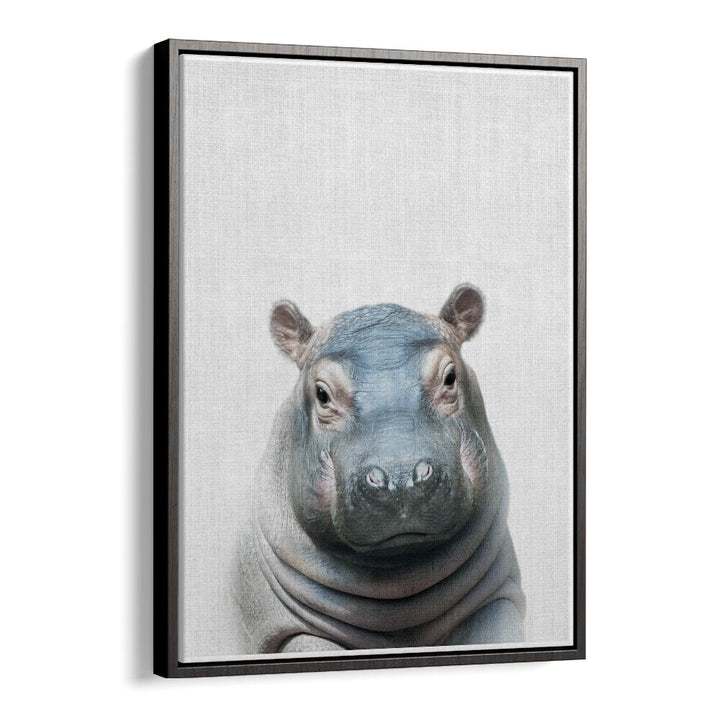 Peekaboo Hippo By Lola Peacock Kids Room Paintings in Black Floater Frame