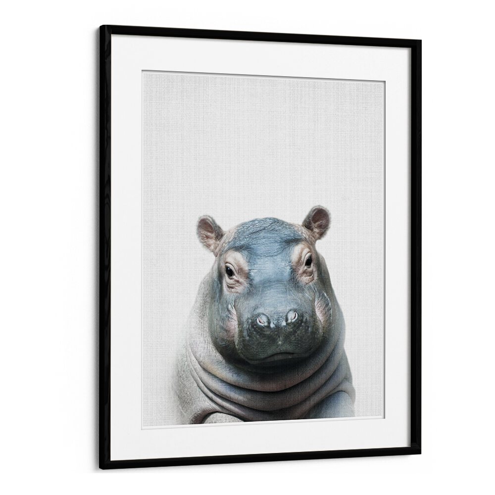 Peekaboo Hippo By Lola Peacock Kids Room Paintings in Black Frame With Mount