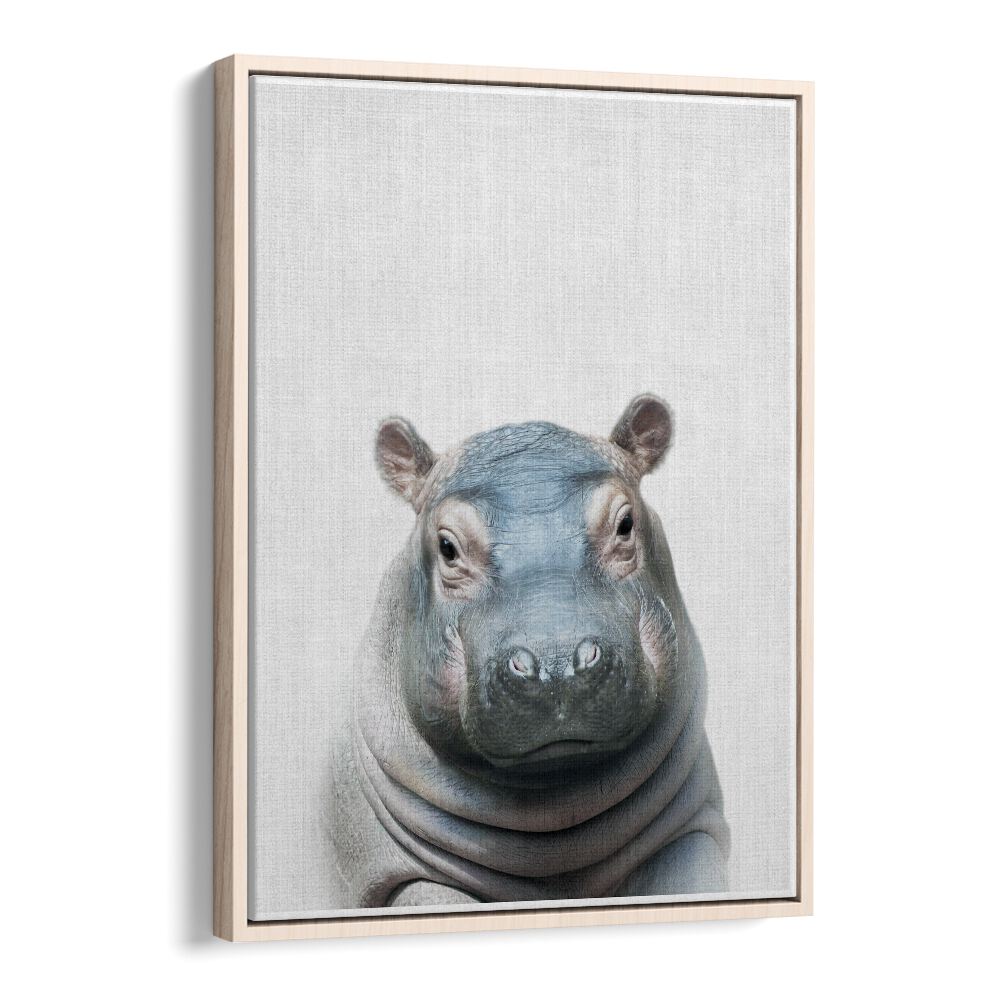 Peekaboo Hippo By Lola Peacock Kids Room Paintings in Oak Wood Floater Frame