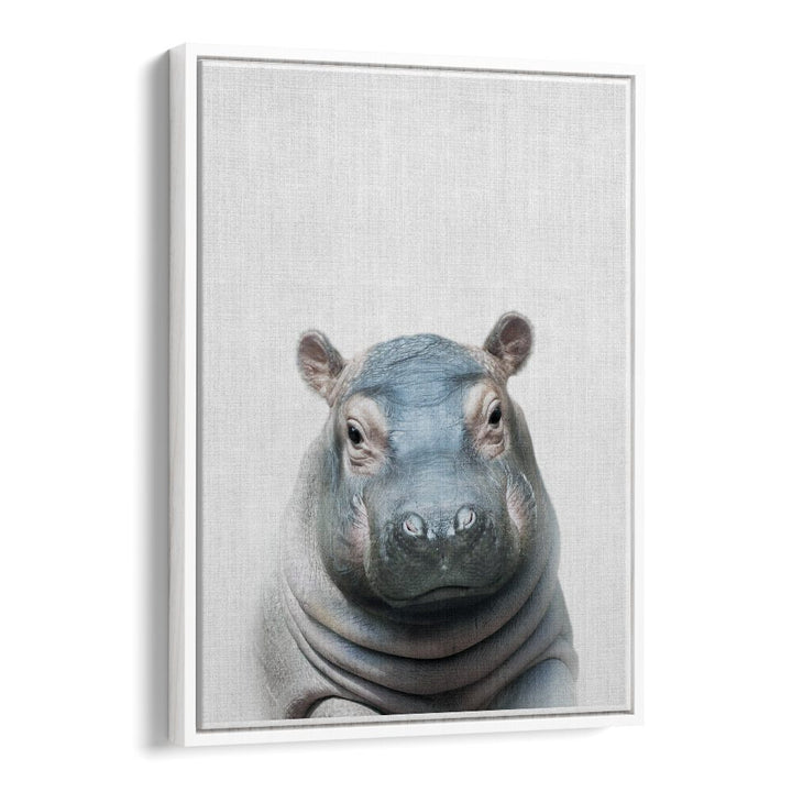 Peekaboo Hippo By Lola Peacock Kids Room Paintings in White Floater Frame