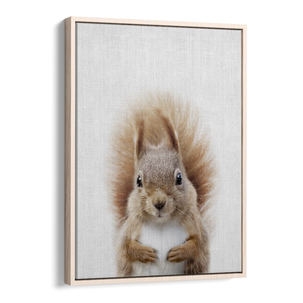 Peekaboo Squirrel By Lola Peacock Kids Room Paintings in Oak Wood Floater Frame