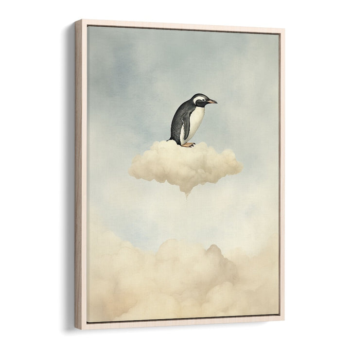 Penguin Flight  Kids Paintings in Oak Wood Floater Frame