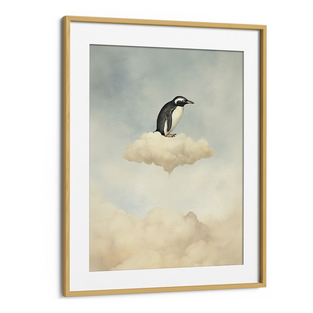 Penguin Flight  Kids Paintings in Oak Wood Frame With Mount