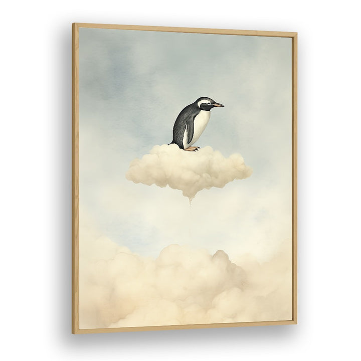 Penguin Flight  Kids Paintings in Oak Wood Plain Frame