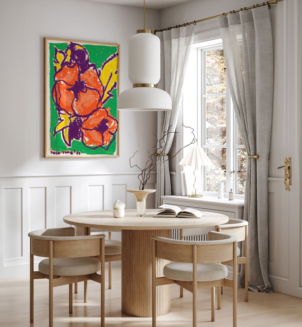 Peonies By Ania Zwara Botanical Art Prints Floral Paintings in Oak Wood Plain Frame placed on a White Colored Wall near a Coffee Table in the Dining Room