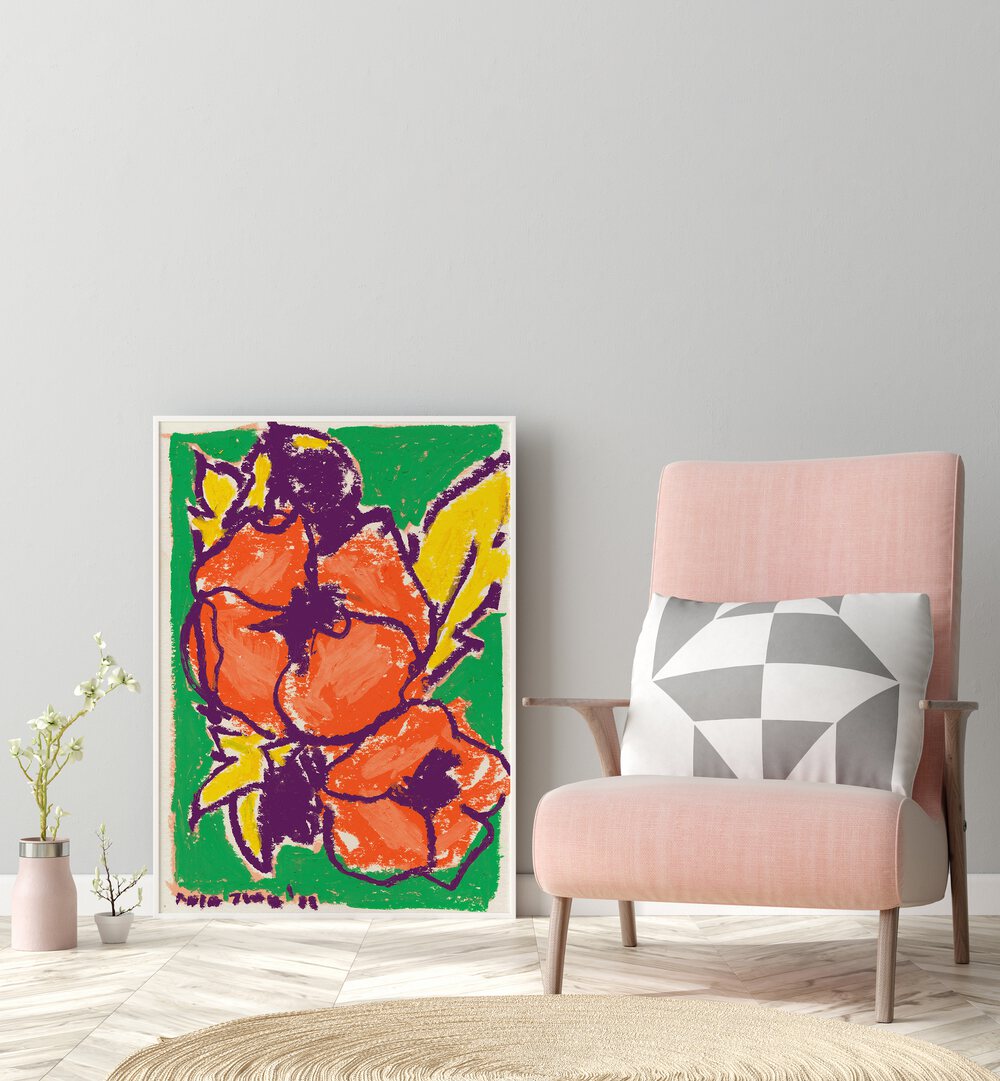 Peonies By Ania Zwara Botanical Art Prints Floral Paintings in White Plain Frame placed on the floor near a Grey Colored Wall in the Drawing Room