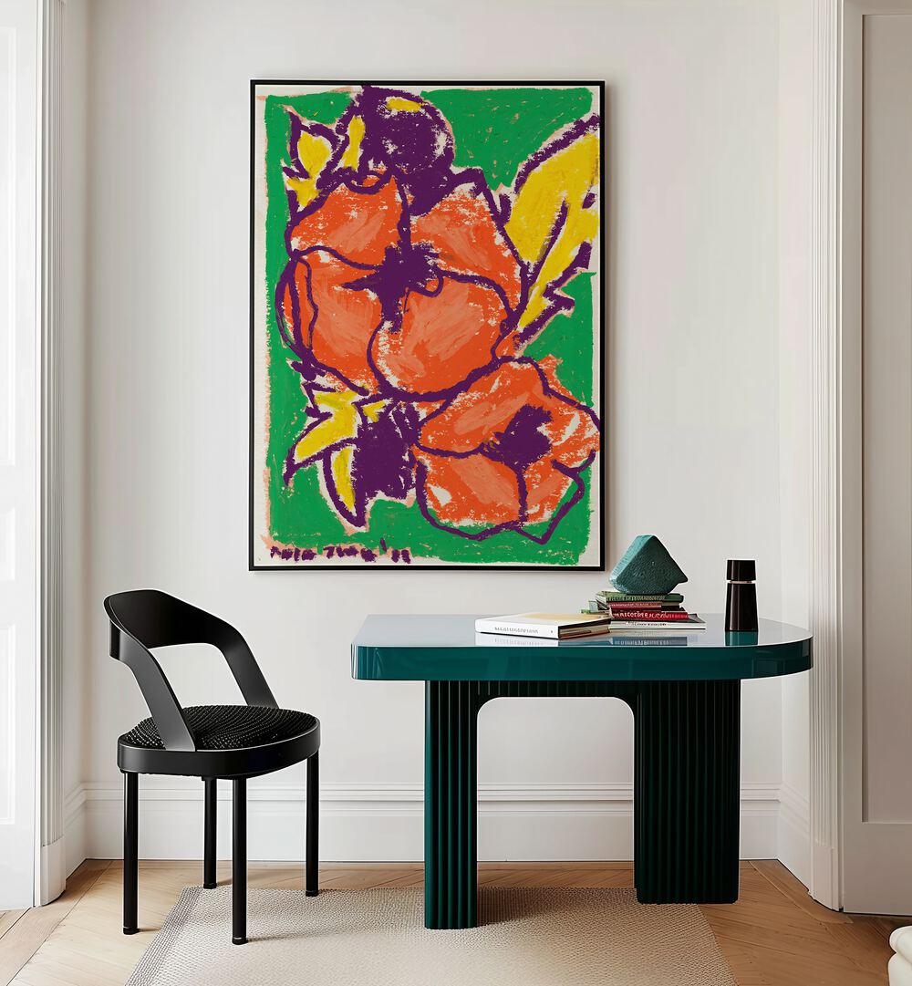 Peonies By Ania Zwara Botanical Art Prints Floral Paintings in Black Plain Frame placed on a Cream Colored Wall near a Table in a Workspace in the Drawing Room