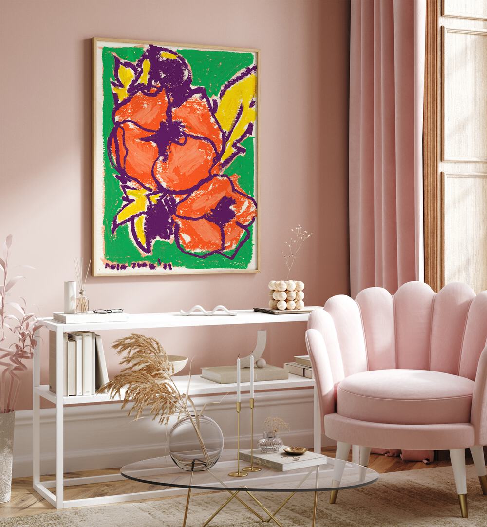 Peonies By Ania Zwara Botanical Art Prints Floral Paintings in Oak Wood Plain Frame placed on a Pink Colored Wall above a Console Table in the Drawing Room