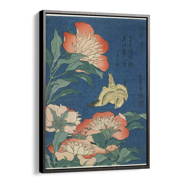 Peonies & Canary - 1834 By Katsushika Hokusai Japanese Paintings in Black Floater Frame