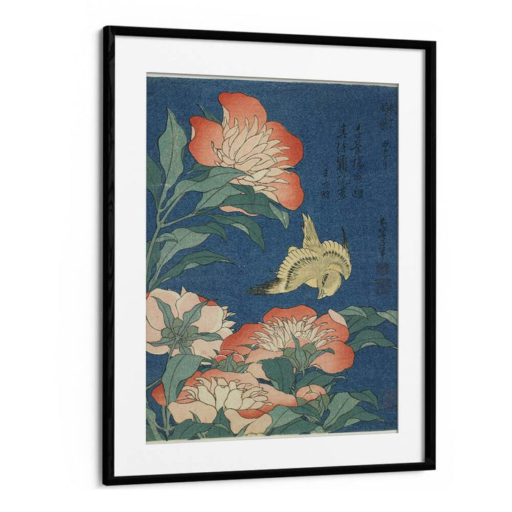 Peonies & Canary - 1834 By Katsushika Hokusai Japanese Paintings in Black Frame With Mount