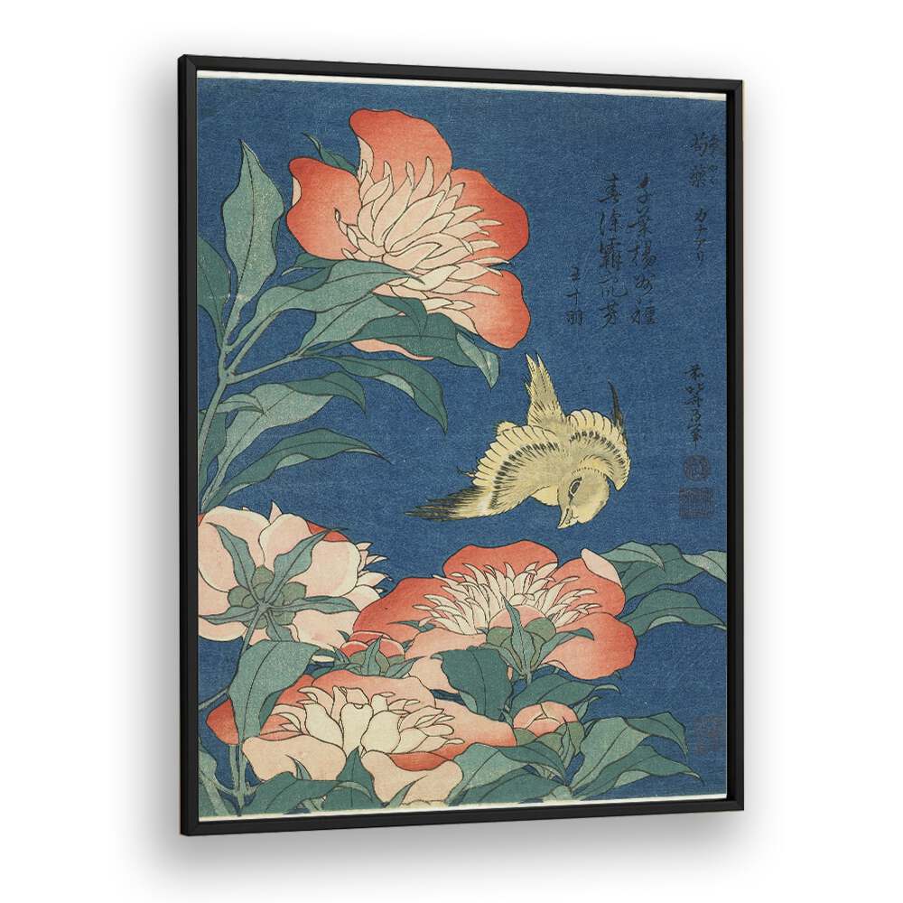 Peonies & Canary - 1834 By Katsushika Hokusai Japanese Paintings in Black Plain Frame