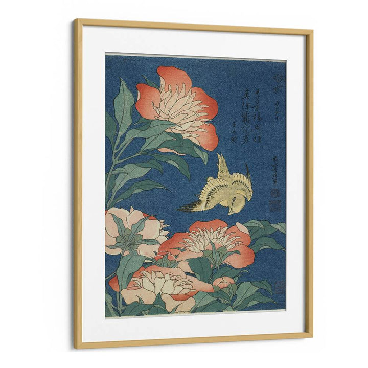 Peonies & Canary - 1834 By Katsushika Hokusai Japanese Paintings in Oak Wood Frame With Mount