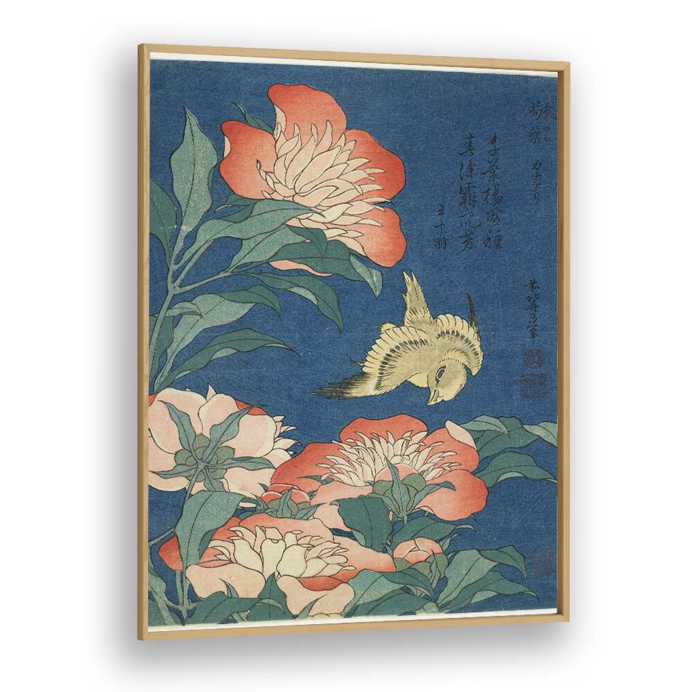 Peonies & Canary - 1834 By Katsushika Hokusai Japanese Paintings in Oak Wood Plain Frame