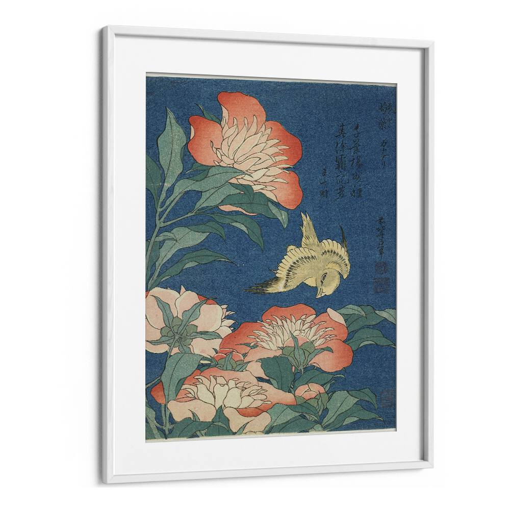 Peonies & Canary - 1834 By Katsushika Hokusai Japanese Paintings in White Frame With Mount