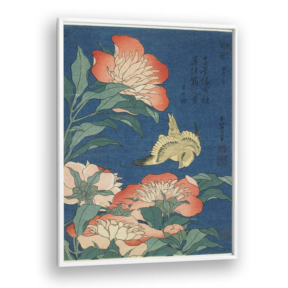 Peonies & Canary - 1834 By Katsushika Hokusai Japanese Paintings in White Plain Frame