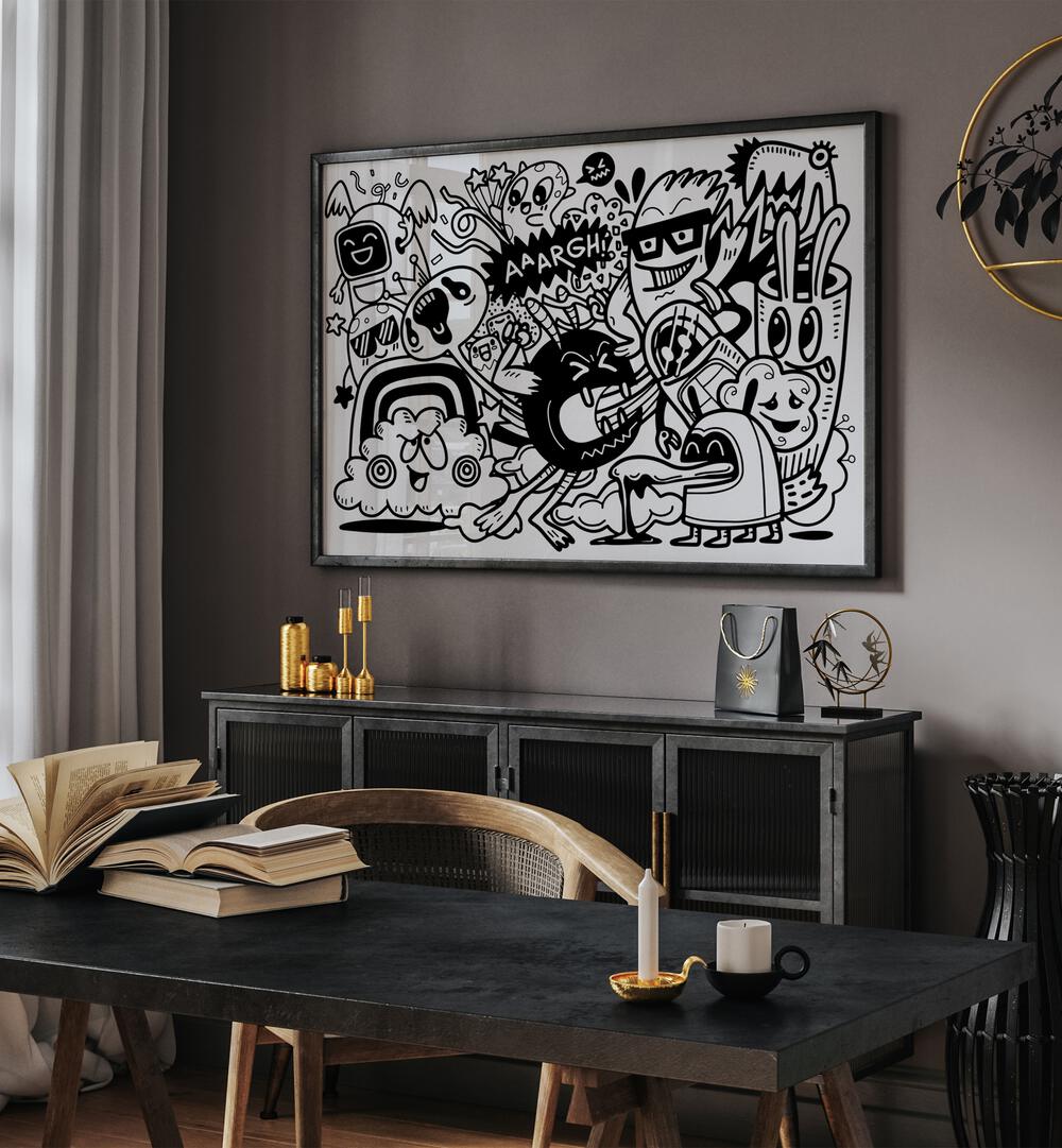 People Make Me Mad Doodle Art Painting in Black Plain Frame it is placed on the wall behind the table