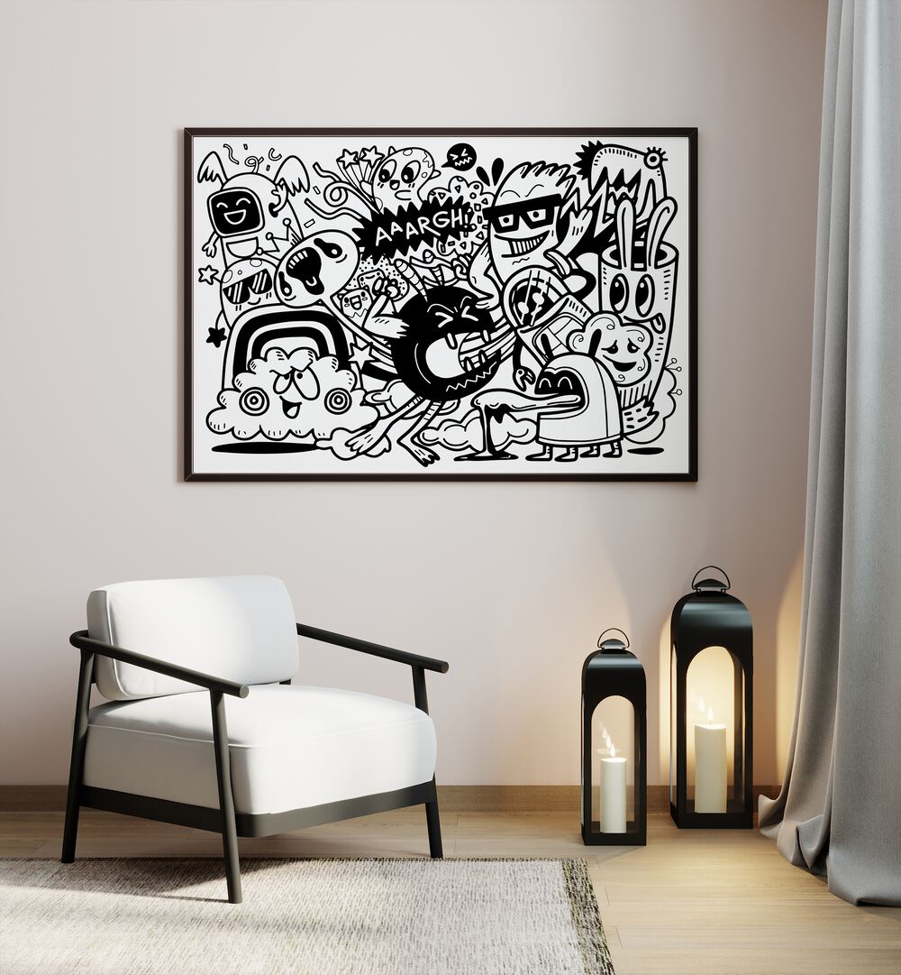 People Make Me Mad Doodle Art Painting in Black Plain Frame it is placed on the wall behind the chair