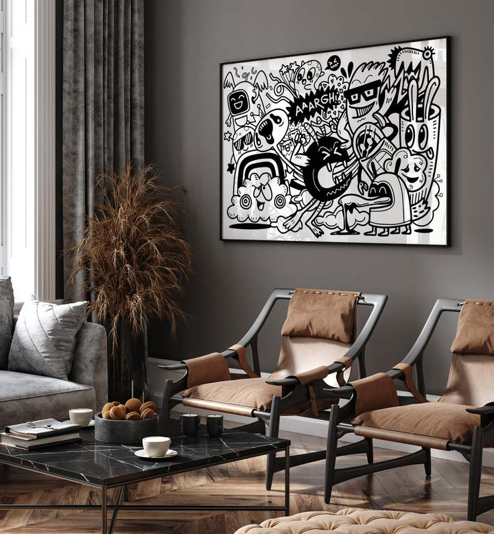 People Make Me Mad Doodle Art Painting in Black Plain Frame it is placed on the wall behind the chair beside the window