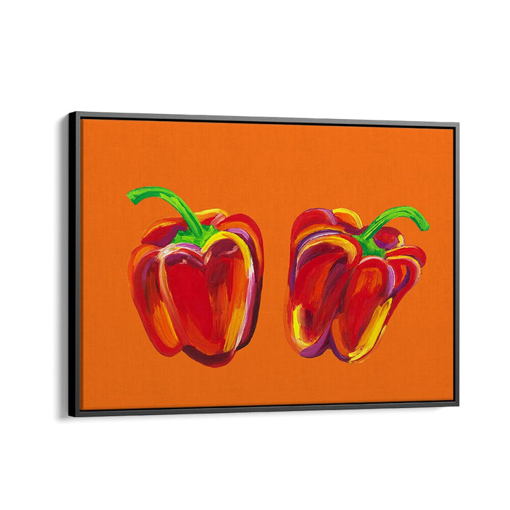 Peppers On Orange by Alice Straker Kitchen Posters Kitchen Art Prints in Black Floater Frame