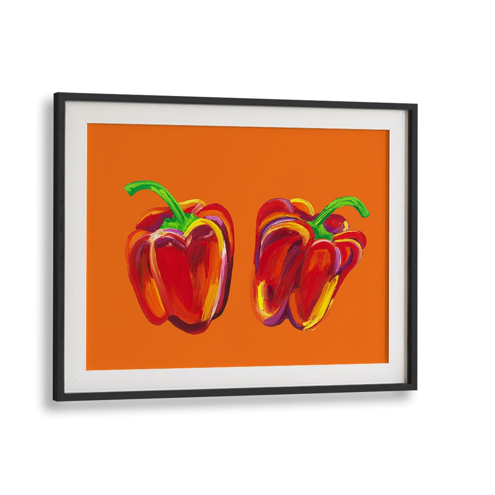 Peppers On Orange by Alice Straker Kitchen Posters Kitchen Art Prints in Black Frame With Mount