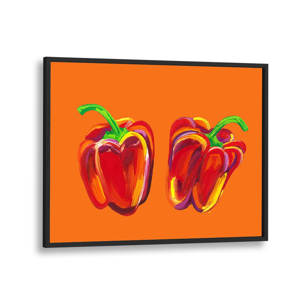 Peppers On Orange by Alice Straker Kitchen Posters Kitchen Art Prints in Black Plain Frame