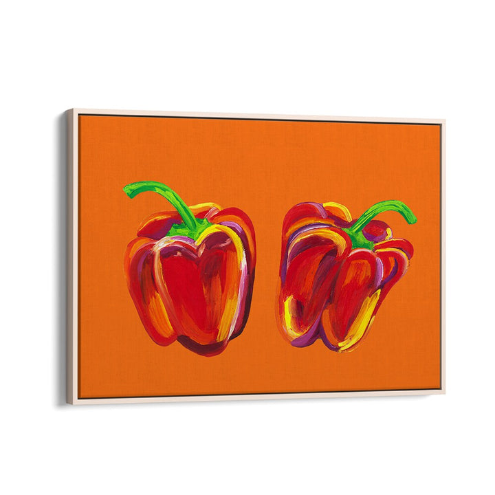 Peppers On Orange by Alice Straker Kitchen Posters Kitchen Art Prints in Oak Wood Floater Frame