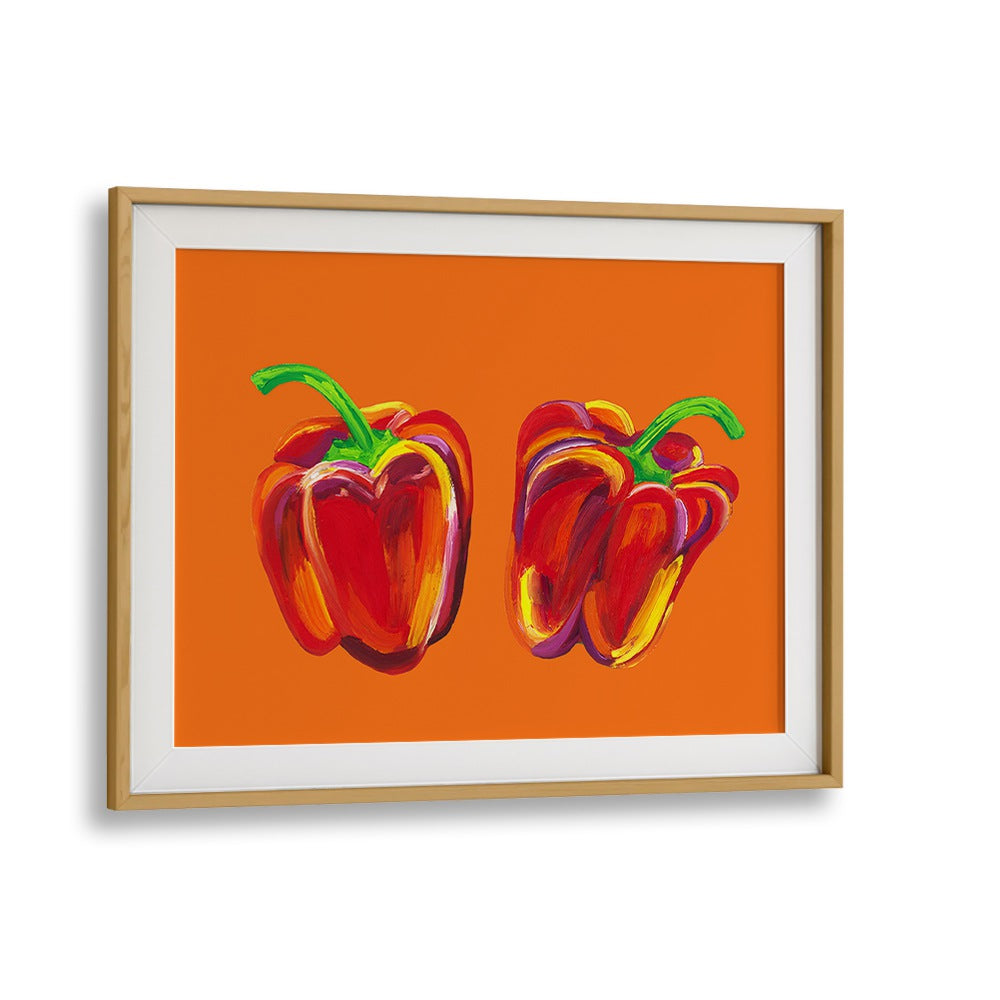 Peppers On Orange by Alice Straker Kitchen Posters Kitchen Art Prints in Oak Wood Frame With Mount