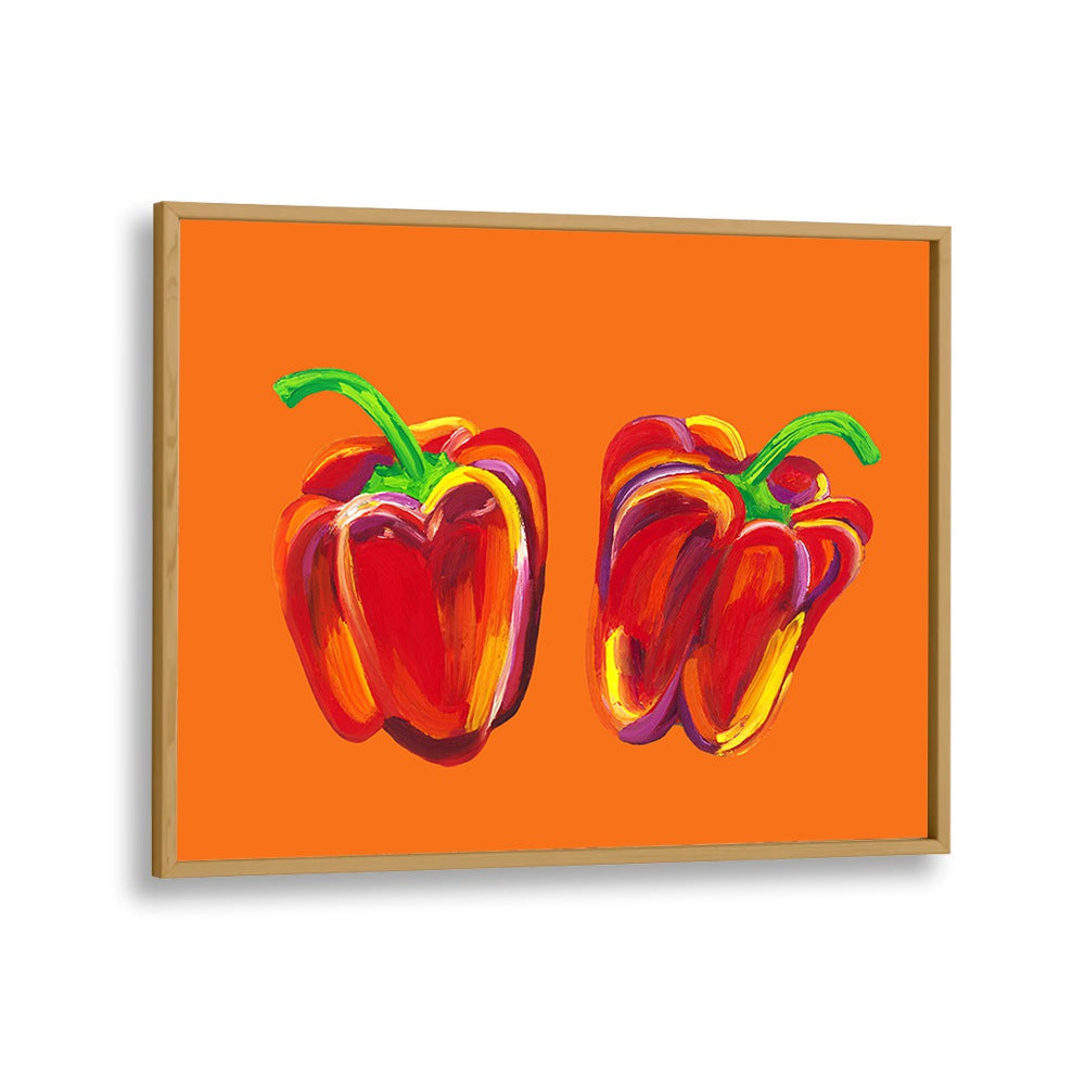 Peppers On Orange by Alice Straker Kitchen Posters Kitchen Art Prints in Oak Wood Plain Frame