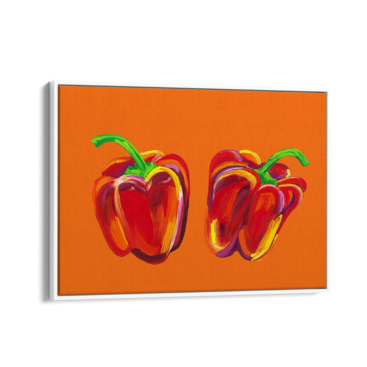 Peppers On Orange by Alice Straker Kitchen Posters Kitchen Art Prints in White Floater Frame