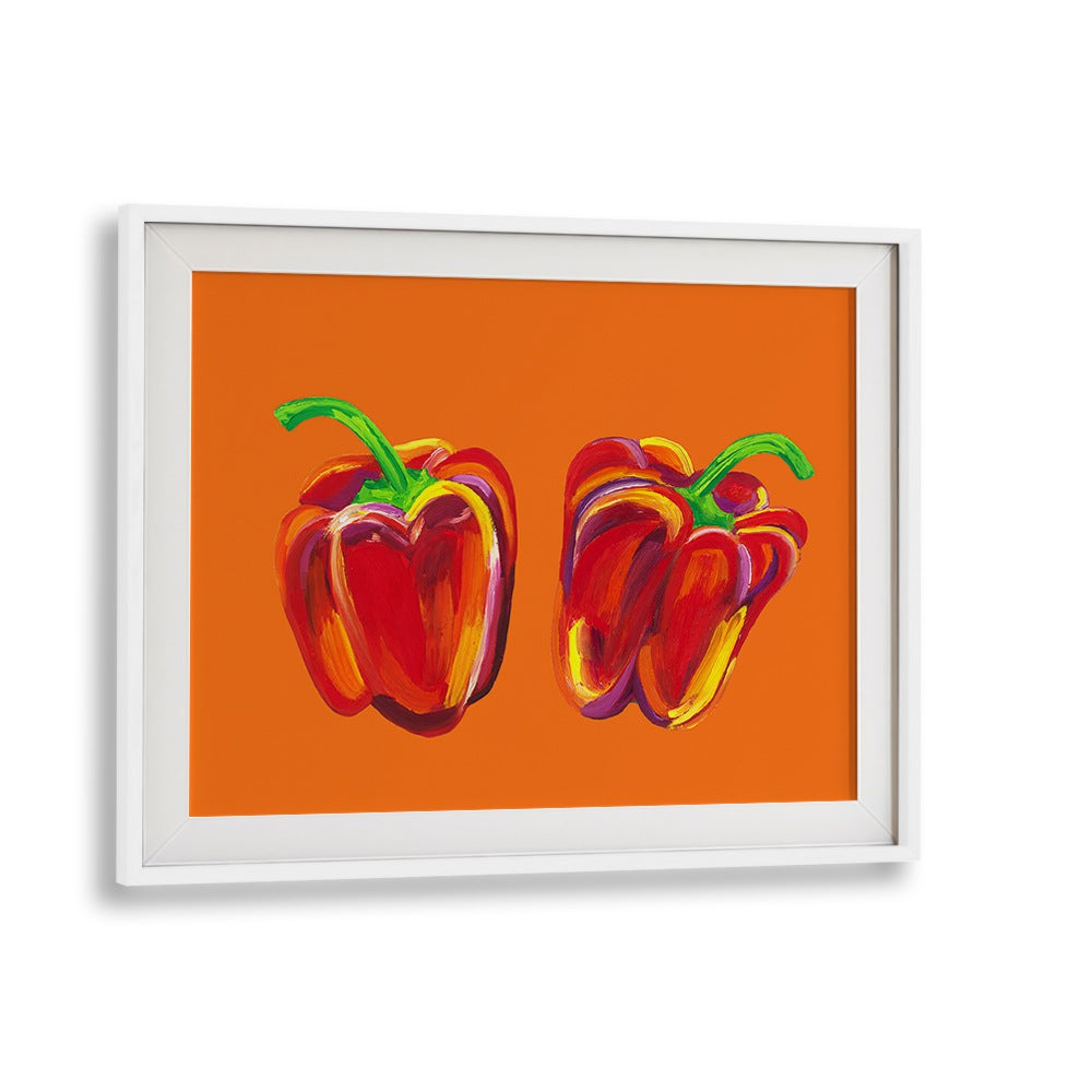 Peppers On Orange by Alice Straker Kitchen Posters Kitchen Art Prints in White Frame With Mount