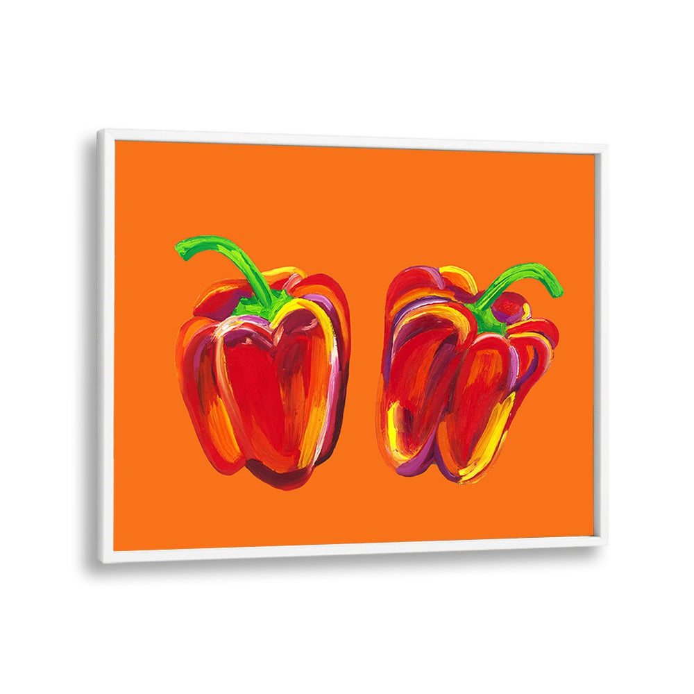 Peppers On Orange by Alice Straker Kitchen Posters Kitchen Art Prints in White Plain Frame