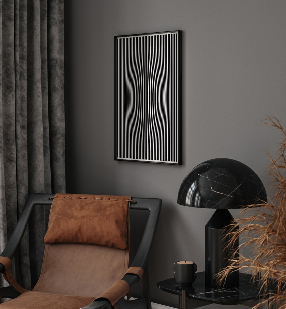 Perceptive Phantasmagoria By Preayna Abstract Art Paintings in Black Plain Frame behind a chair