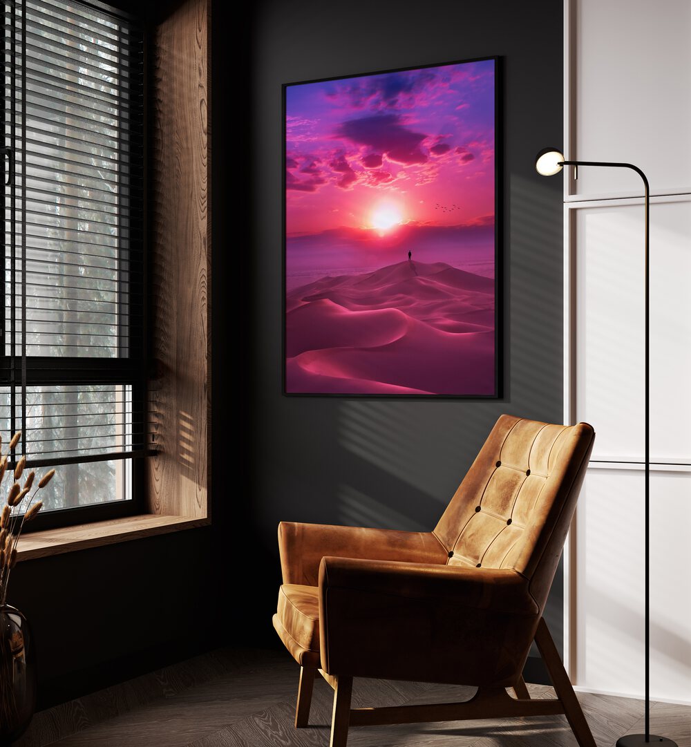 Perfect Sunrise By Ritvik Takkar Surrealism in Black Plain Frame placed on a Dark Grey Colored Wall in the Drawing Room