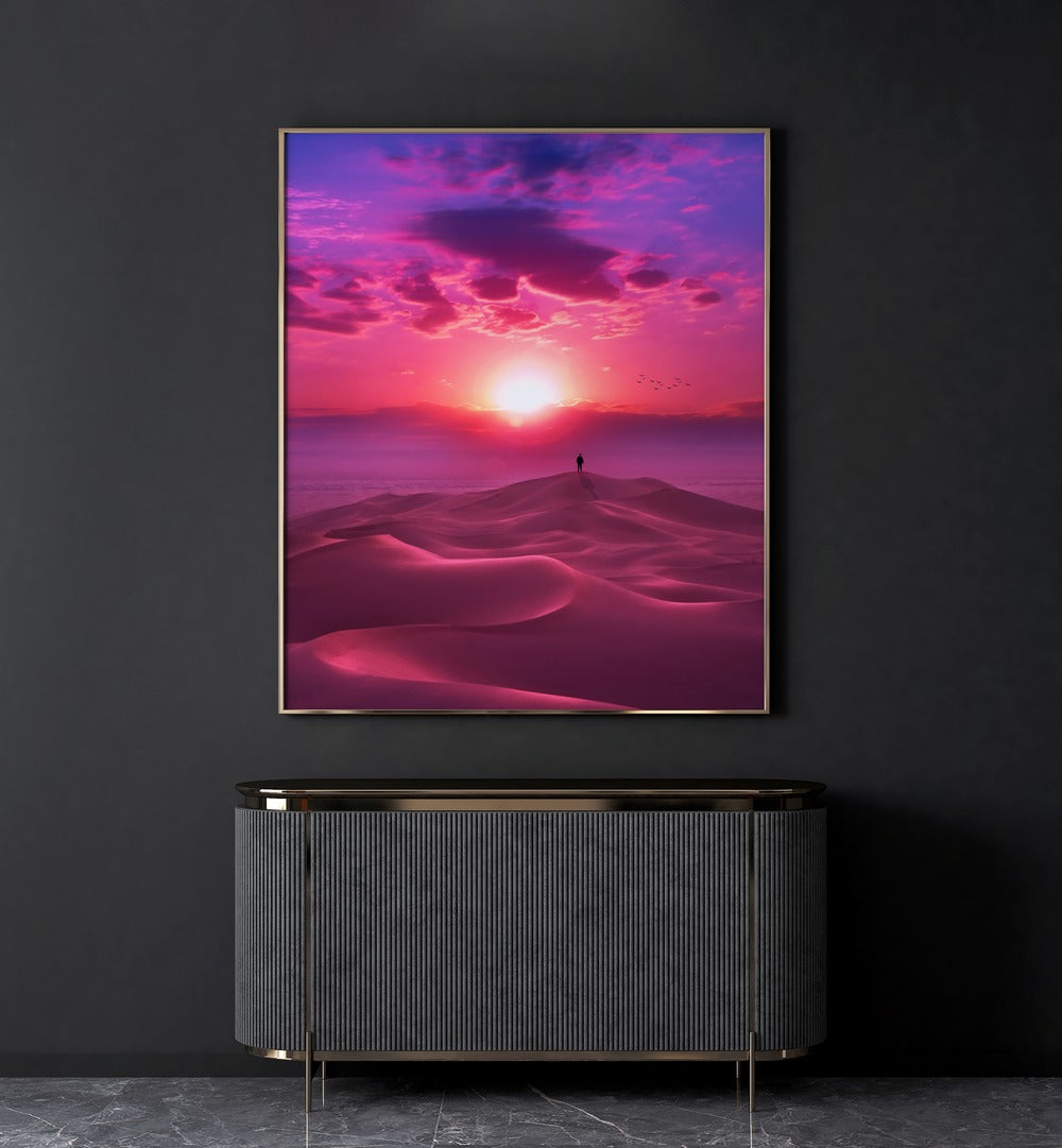 Perfect Sunrise By Ritvik Takkar Surrealism in Gold Plain Frame placed on a Dark Grey Colored Wall above a Console Table in the Drawing Room