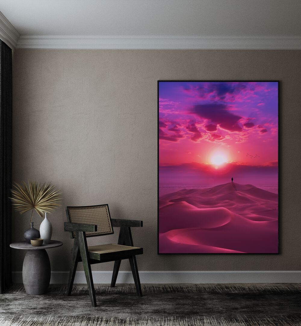 Perfect Sunrise By Ritvik Takkar Surrealism in Black Plain Frame placed on a Beige Colored Wall in the Drawing Room