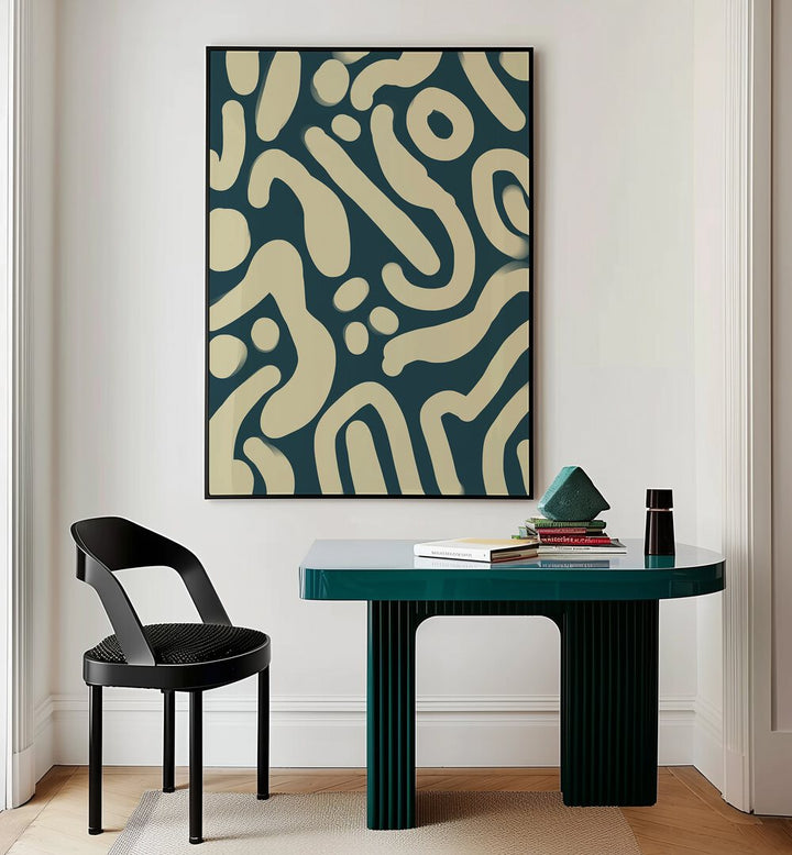 Perfrui by Yopie Studio Abstract Paintings Abstract Art Prints in Black Plain Frame placed on a wall behind a study table