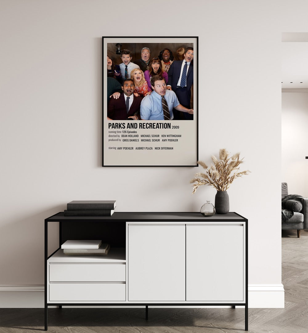 Perks & Recreation 2009 Movie Posters in Black Plain Frame hanging on wall above console table