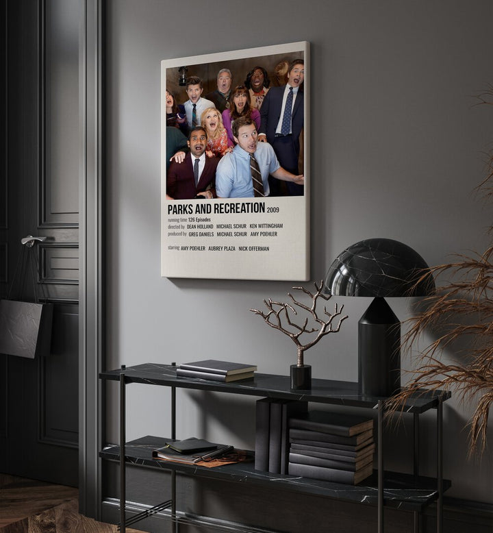 Perks Recreation 2009 Movie Posters in Gallery Wrap hanging on wall above console table beside door and window
