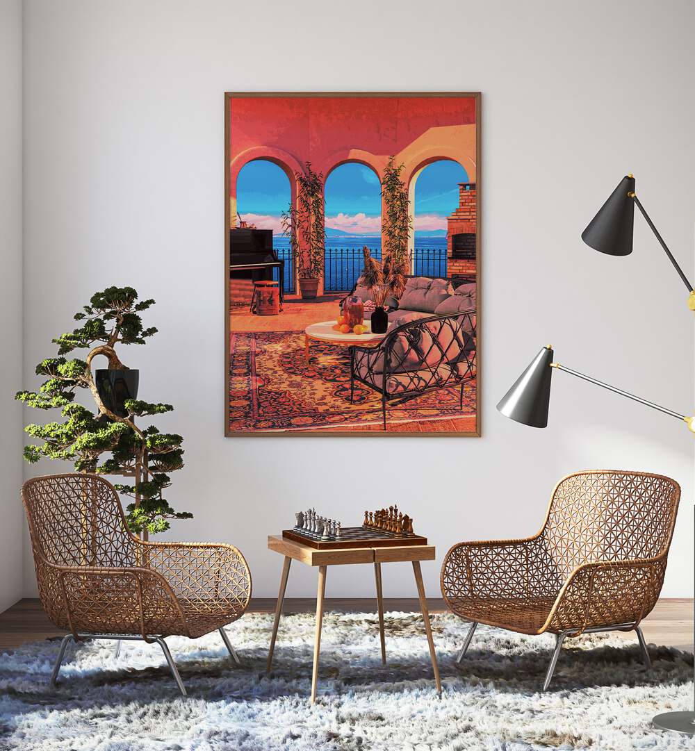 Piano Terrace By Cosmo Zach Surreal Art Prints Surrealism in Oak Wood Plain Frame placed on a wall behind chairs and a table