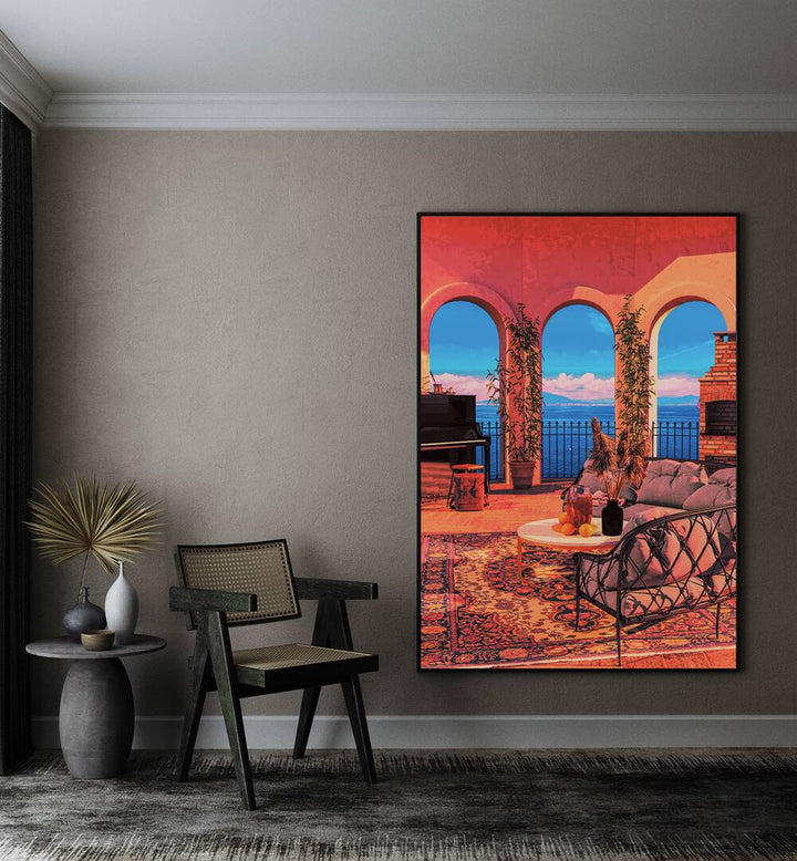 Piano Terrace By Cosmo Zach Surreal Art Prints Surrealism in Black Plain Frame placed on a wall beside a chair