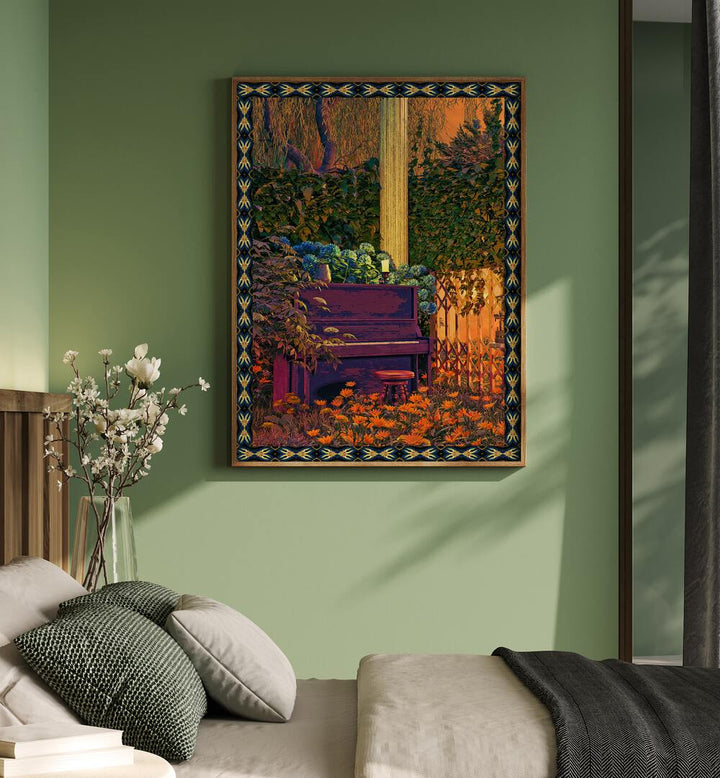 Piano in Forest By Cosmo Zach Surreal Art Prints Surrealism in Oak Wood Plain Frame placed on a bedroom wall beside a bedroom