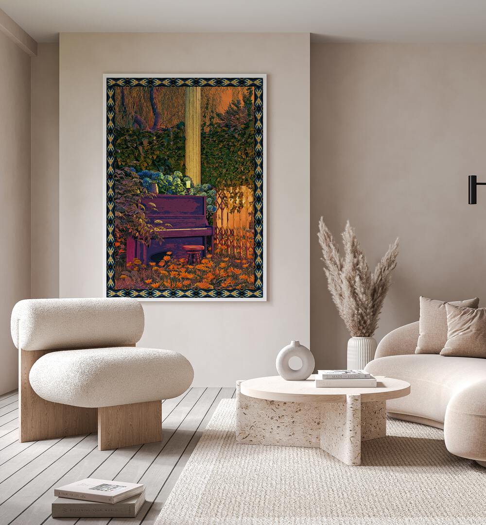 Piano in Forest By Cosmo Zach Surreal Art Prints Surrealism in White Plain Frame placed on a wall beside a sofa