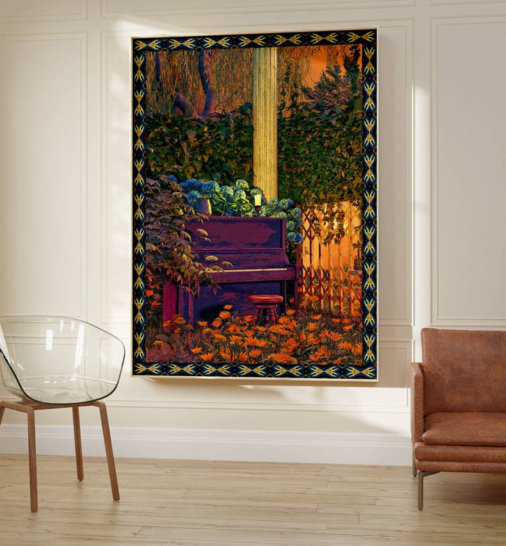 Piano in Forest By Cosmo Zach Surreal Art Prints Surrealism in Oak Wood Plain Frame placed on a wall between a chair and a sofa