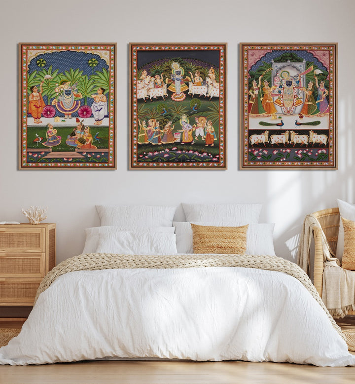  Pichwai Artworks Set Of 3 Paintings in Oak Wood Plain Frame placed on a bedroom wall behind a bed