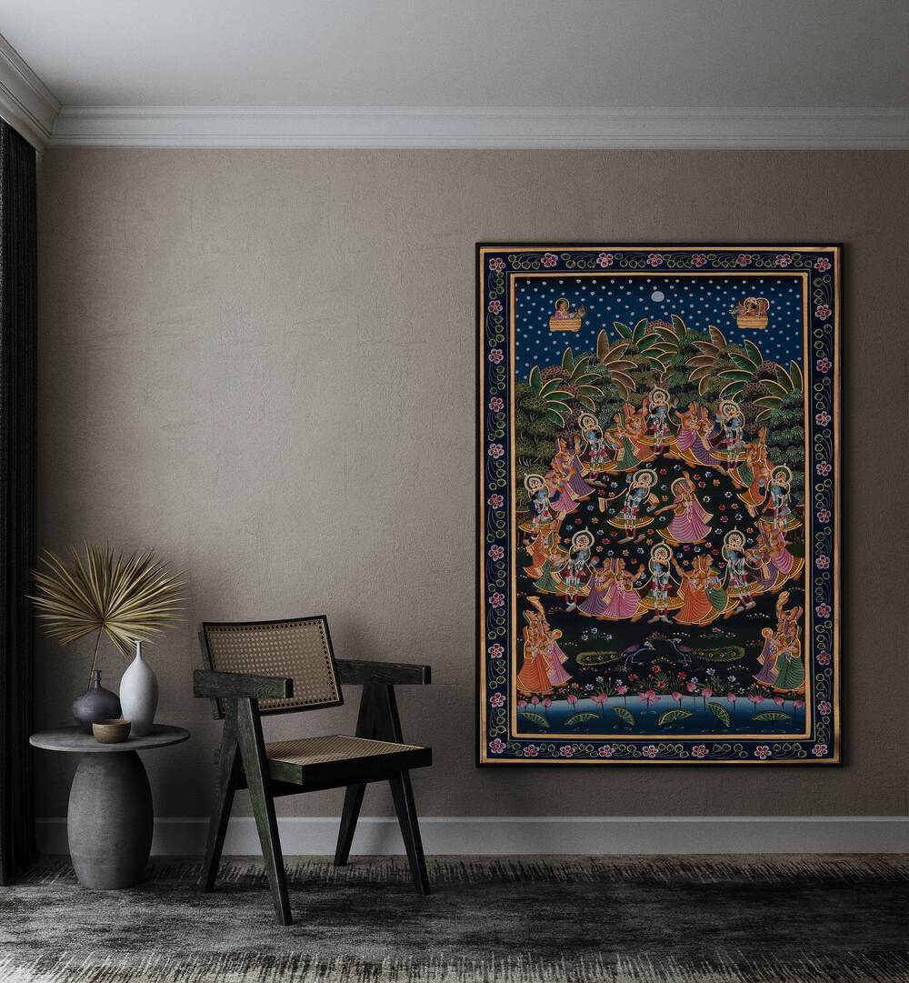 Pichwai Paintings VIII Indian Art Painting in Black Plain Frame placed on a Beige Colored Wall in the Drawing Room