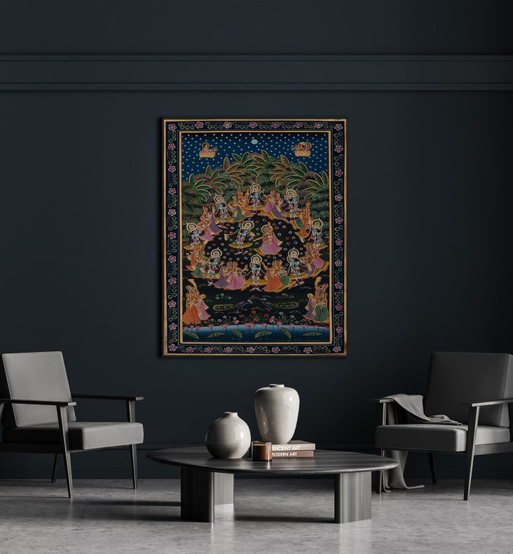 Pichwai Paintings VIII Indian Art Painting in Black Plain Frame placed on a Dark Grey Colored Wall in the Living Room