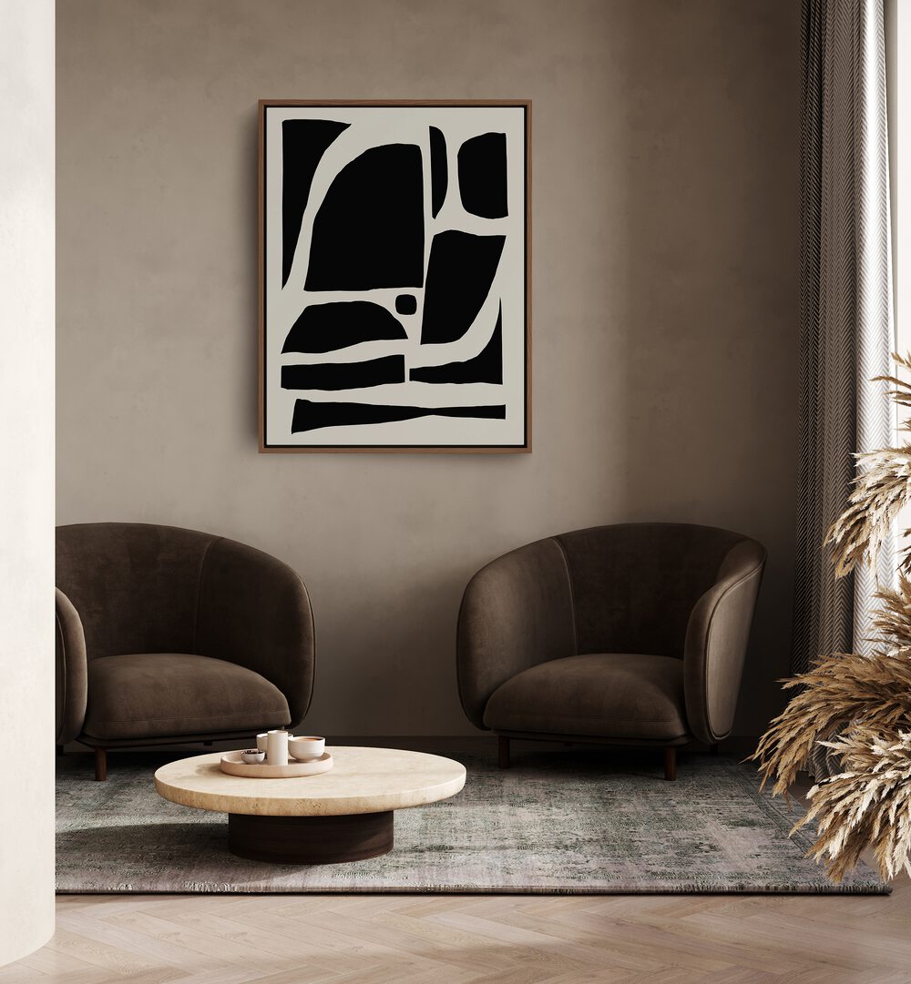 Pieces By Dan Hobday Abstract Art Abstract Paintings in Oak Wood Floater Frame placed on a Beige Colored Wall in the Living Room