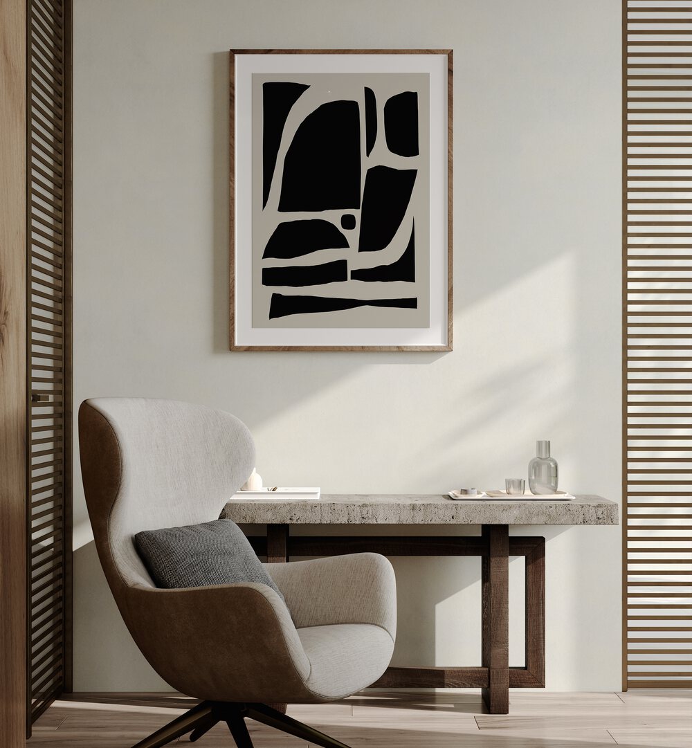 Pieces By Dan Hobday Abstract Art Abstract Paintings in Oak Wood Frame With Mount placed on a Cream Colored Wall near a Wooden Cabinet in the Drawing Room